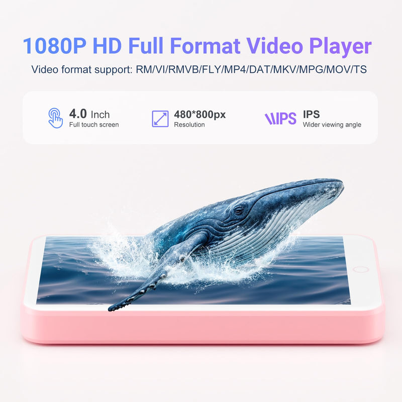 80GB MP3 Player with Bluetooth and WiFi, Oilsky 4.0" IPS Touch Screen MP3 Player with Speaker, Music Player with Spotify, Audible, Amazon Music, MP4 Android Music Player Up to 512GB Pink