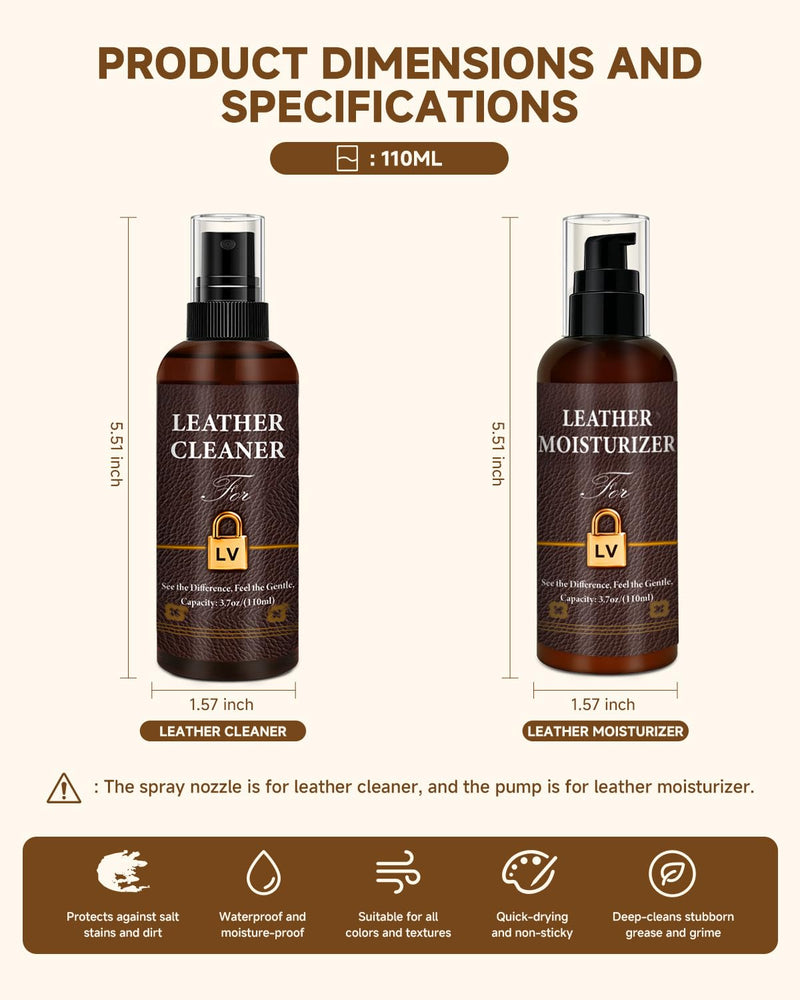 Leather Cleaner & Moisturizer Set for Louis Vuitton, Cleaning and Maintenance Set for LV, Powerful Stain Removal, Gentle Care, Suitable for LV Handbags/Wallets and Other Luxury Brands