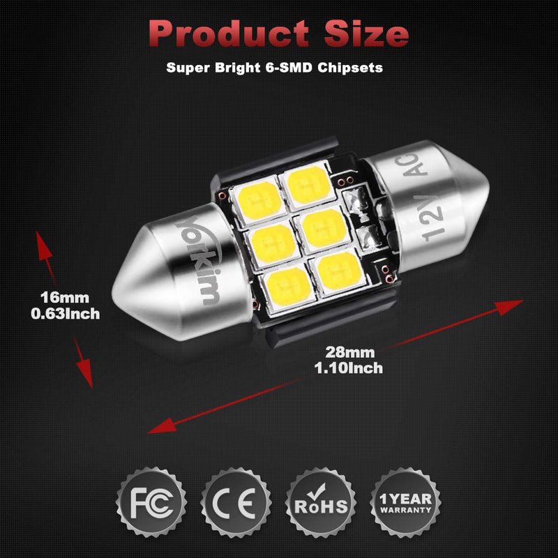 Yorkim 28mm De3175 LED Bulb White Super Bright Festoon 28mm 29mm bulb Error Free CANBUS 6-SMD 2835 Chipsets For Interior Lights, DE3022 3175 3022 LED Bulb - Pack of 2