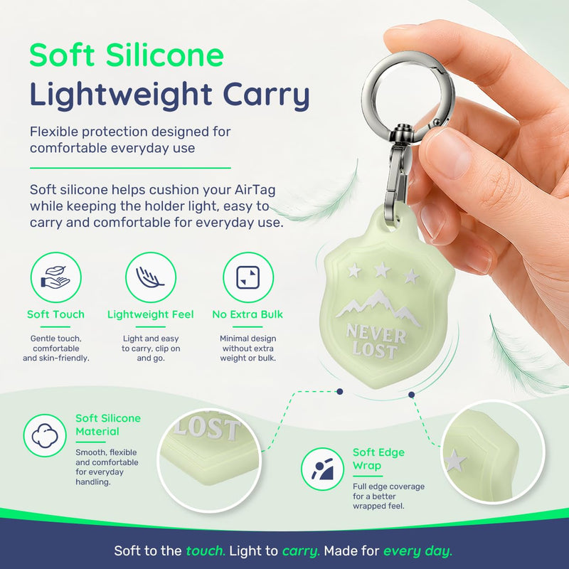 AirTag Holder Keychain, Waterproof AirTag Case with Swivel Key Ring | Compatible with Apple AirTag; stylish embossed silicone Air Tag holder keeps your AirTag secure on keys, bags and luggage Glow-in-the-Dark Green-M Mountain