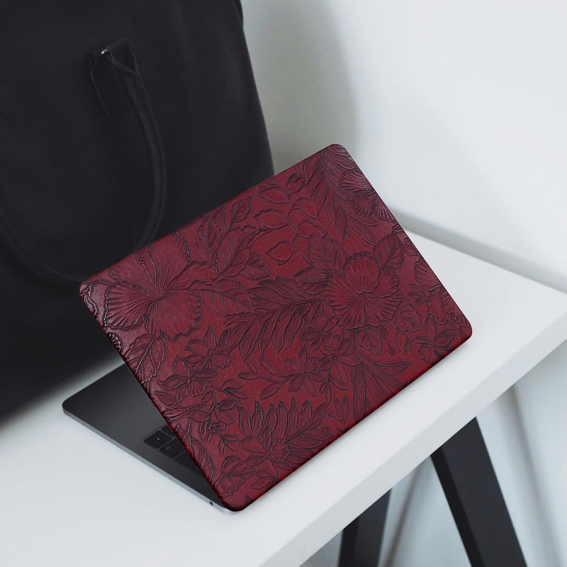 Floral Logo Cutout Case for MacBook Neo 13 inch 2026 A3404 A18 Pro Chip | Elegant Textured Mac Neo Case Retro PU Leather Hard Shell Case for MacBook Neo 2026 Case & Keyboard Cover, Deep Burgundy # Embossed Floral Burgundy