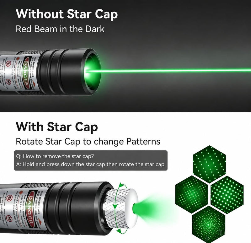 Green USB Rechargeable Laser Pointer, Single Beam, Removable Star Cap for Astronomy Green