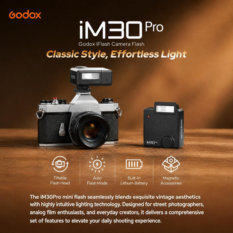 Godox iM30 Pro Mini Flash for Canon/Sony zve10 /Ricohgr3/Nikon/Fuji/Leica | Built-in Battery Tiltable Head Retro Camera Speedlite,Single-Contact Hotshoe, GN15, 1.5s Recycle, AUTO Mode