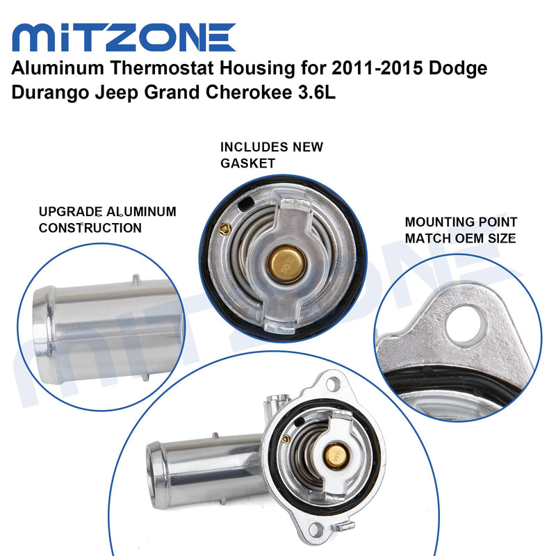 MITZONE Upgrade Aluminum Thermostat Housing Assembly Compatible with Dodge Durango Grand Cherokee 2011-2015 Wrangler JK 2012-2018 Replace 902-852 5184651AG 5184651AH 5184651AG(Upgrade Aluminum)