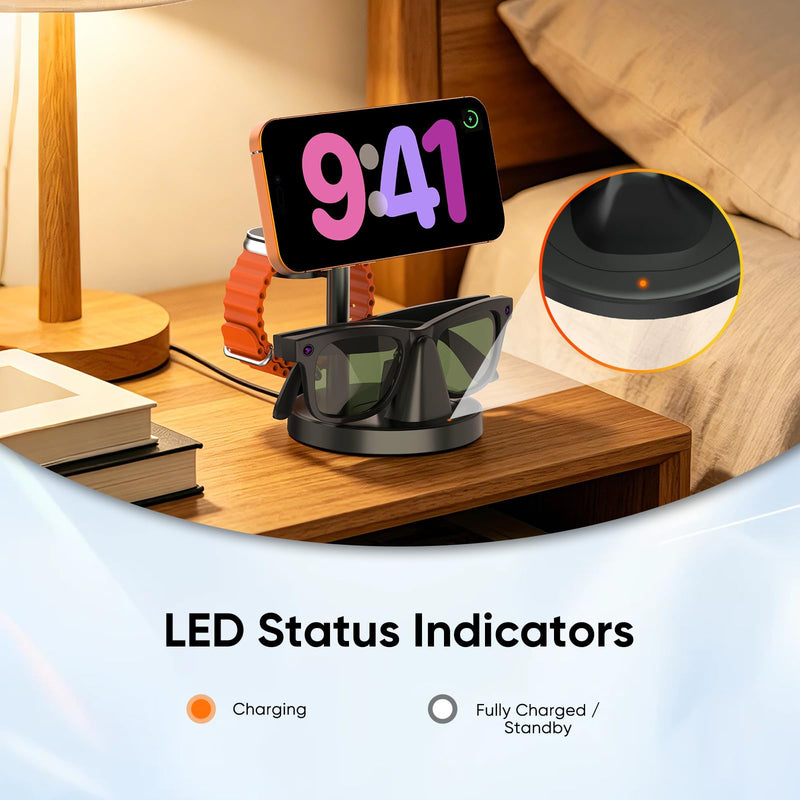 3 in 1 Fast Charging Station for RayBan Meta Gen1/2, Oakley Meta HSTN, Charger for iPhone17/16/15/14/13/12, for Apple Watch Ultra/Ultra 2/ Ultra 3/SE/S1 to S11