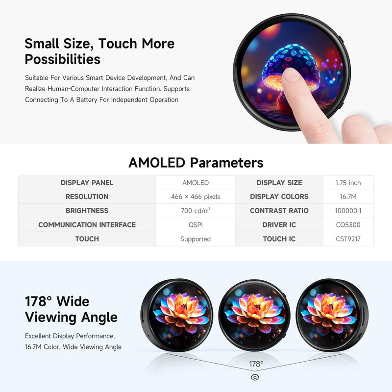 Waveshare ESP32-S3 1.75inch AMOLED Round Touch Display Development Board, 32-bit LX7 Dual-core, 466×466, QSPI, Dual Digital Microphones Array, ESP32 with Display, with GPS