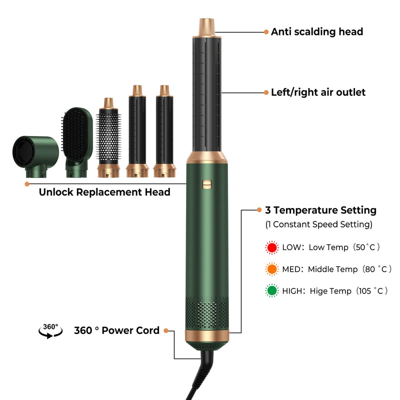UKLISS Airbrush 5 in 1 Hair Styler 5 in 1 Airstyler Multi-Blow Dryer Brush | Air Brush 5 in 1 with Curl, Straighten, Wavy, Smooth, Magic Styler for All Hair Types and Lengths Green