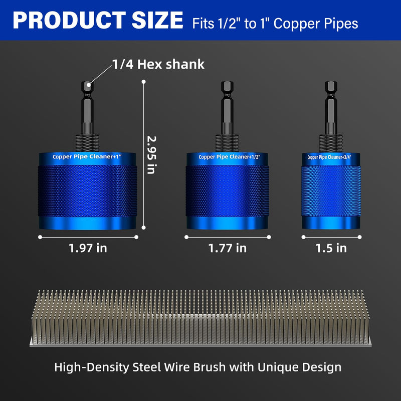 BURMONG Copper Pipe Cleaner Drill 3 Pcs Set (1/2" 3/4" 1") - Metal Tube Cleaning Brushes for Power - Professional Plumbing Tools for Copper Pipes & Tubes - Heavy-Duty Drill Attachment for Plumbers