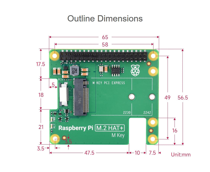Official Pi PCIe to M.2 HAT for Raspberry Pi 5, HAT + Standard, Supports NVMe Protocol M.2 Solid State Drive 2230/2242 High-Speed Reading/Writing
