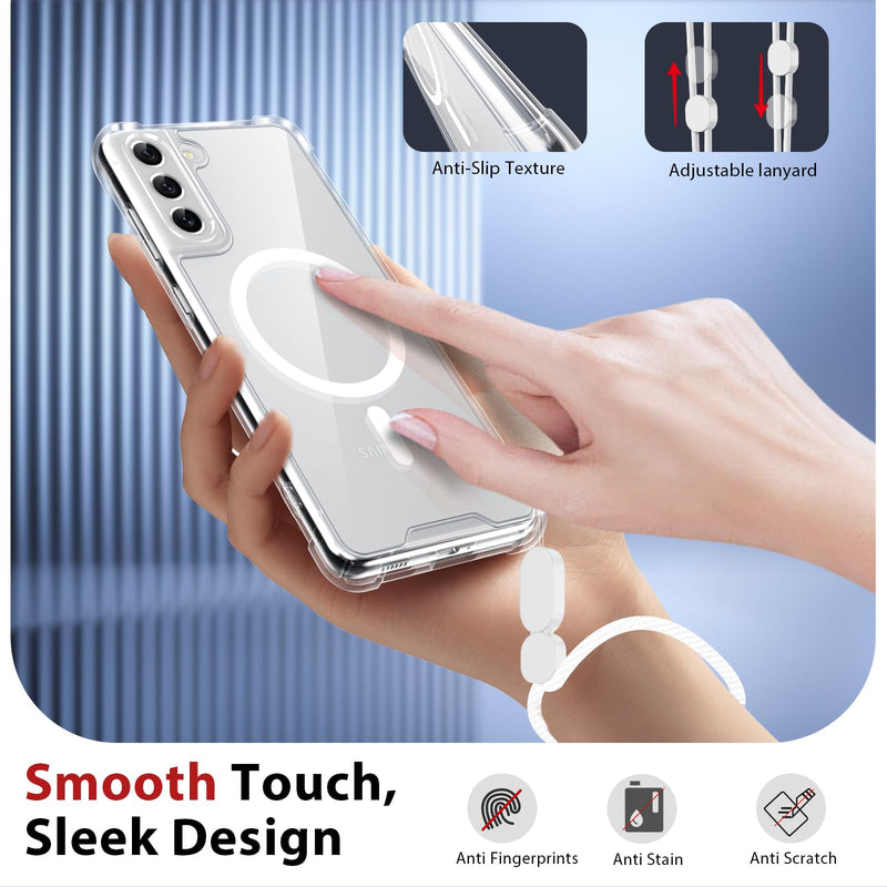 Dizn for Samsung Galaxy S21 FE Phone Crystal Case: 2 Tempered Glass & 2 Camera Lens Protector,[Antil-Yellow], Reinforcde Comers,Compatible with Magsafe,with Strap,Shockproof Magnetic Case S21FE,Clear Clear