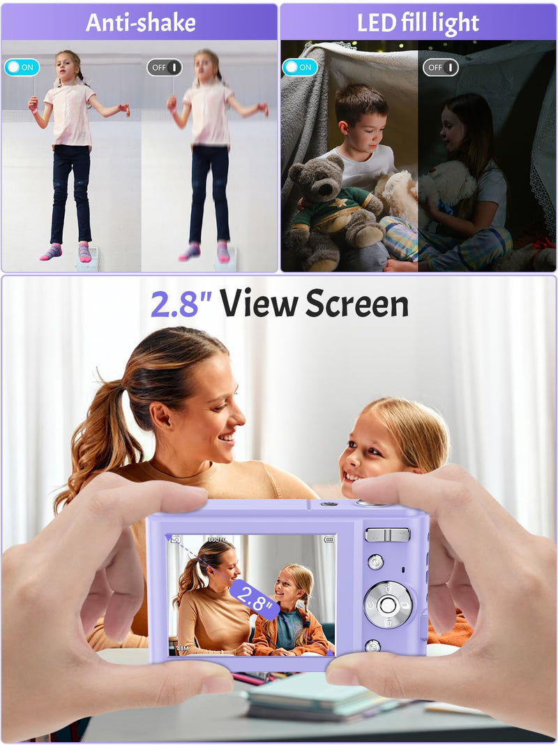 48MP 4K Kids Camera - Compact Point & Shoot with 2.8" LCD, 16X Zoom, 32GB SD Card Purple