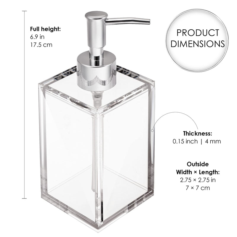 Clear Acrylic Reusable Kitchen & Bathroom Hand Sanitizer Dispenser with Rust Proof Stainless Steel Pump, Square Soap Dispenser Set | 12 oz, 2 Pack Clear 2 Pack / Soap Dispenser