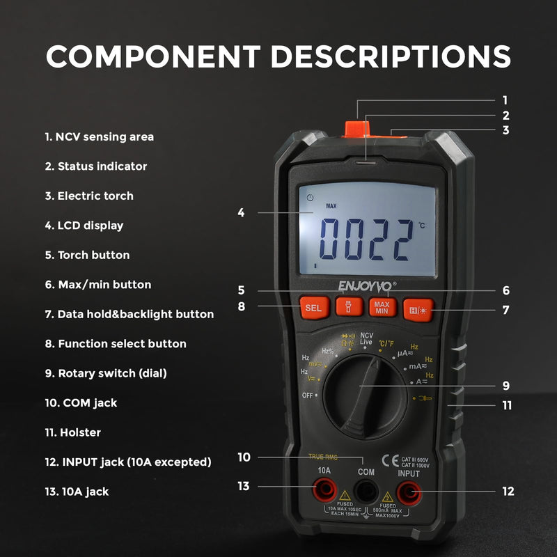 Digital Multimeter 5999 Counts TRMS, Auto-Ranging Voltage Tester with Temperature, Continuity, Capacitance, LED Flashlight, CAT III 600V