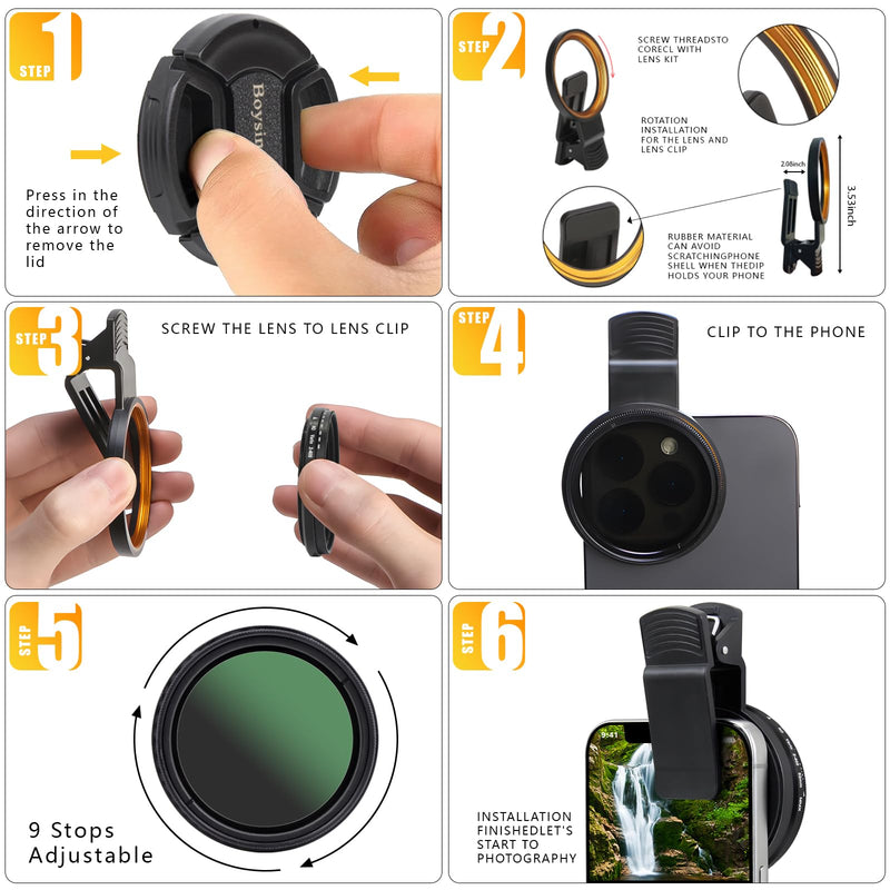 52MM Variable ND2-ND400 Filter, Ultra Slim Multi-Coated Adjustable Neutral Density Filter, Clip-on Phone Lens ND Filter Kit, Compatible for iPhone 15 14 13 12 11, Google Pixel and Other Smart Phones