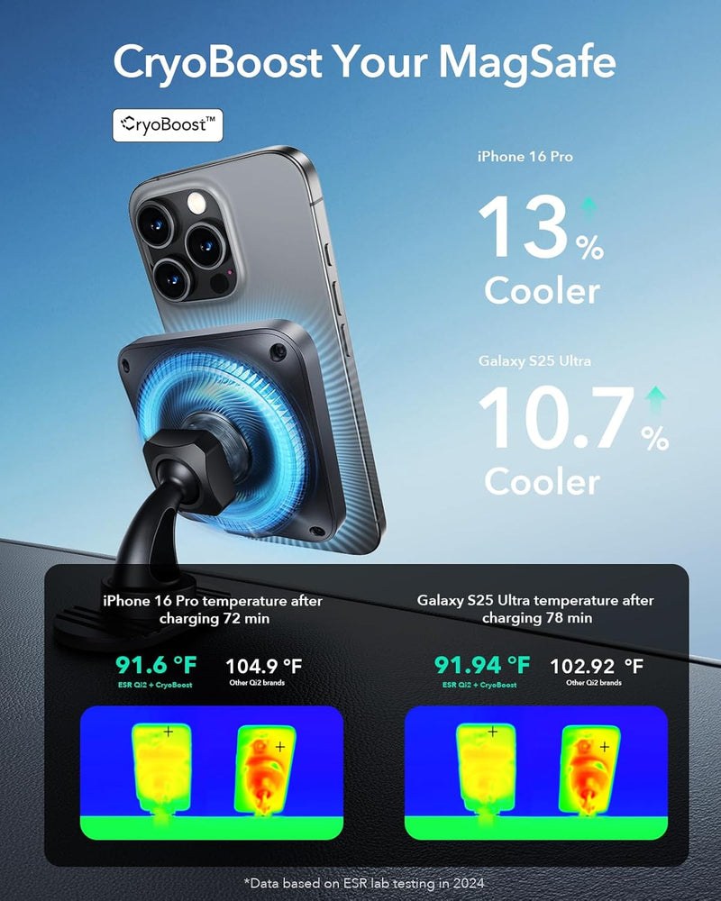 ESR for Qi2 15W MagSafe Car Mount Charger CryoBoost, Phone Cooling, Qi2-Certified MagSafe Car Charger, Air Vent/Dashboard Magnetic Wireless Car Charger