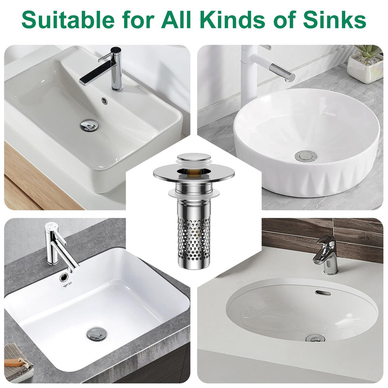 Bathroom Sink Drain Strainer,Universal Pop-Up Sink Stopper Hair Catcher, Anti-Clog Stainless Steel Drain Filter Basket, Removable Sink Drain for Bathroom Sink Stopper Silver-3pack