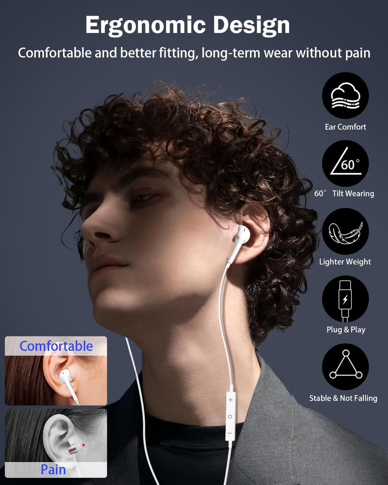 [Apple MFi Certified] USB C Headphones for iPhone, 2-Pack Wired Earphones | Built-In Remote for Music, Calls and Volume Control; Compatible with iPhone 17/16/15, Galaxy and Pixel; 5-Year Warranty. C-white
