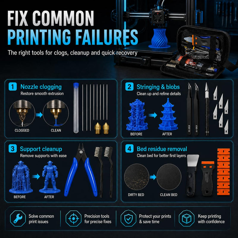 3D Printer Tool Kit Accessories - 58 Pcs Solve 99% Print Failures Clean Maint - with Scraper Brush Pliers Needles Cutter Pouch - for Unclog Nozzle Support Removal Model Finish - for All FDM Printers