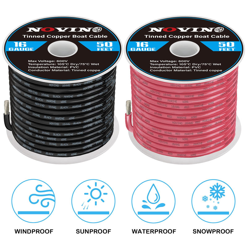 16 Gauge Marine Wire 16 AWG Marine Grade Wire Include 16 AWG 50FT Red & 50FT Black,16 Gauge Tinned Copper Oxygen-Free Boat Electrical Cable for Automotive/RV/Camper/Trailer Outdoor Use 16 Gauge 50 FT