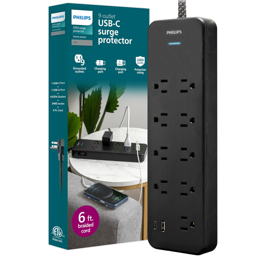 Philips 9-Outlet Surge Protector with USB Charging, 6ft Braided Extension Cord, 1USB-A, 1USB-C, 2400J, Adapter Spaced, Black - SPP3983B/37