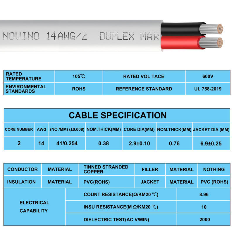 14 Gauge Marine Wire,14 AWG 30ft 14/2 Duplex Marine Grade Wire,Tinned Copper Oxygen-Free Boat Electrical Cable for Boat/Automotive/RV/Solar/LED Strips 30 ft 14 gauge