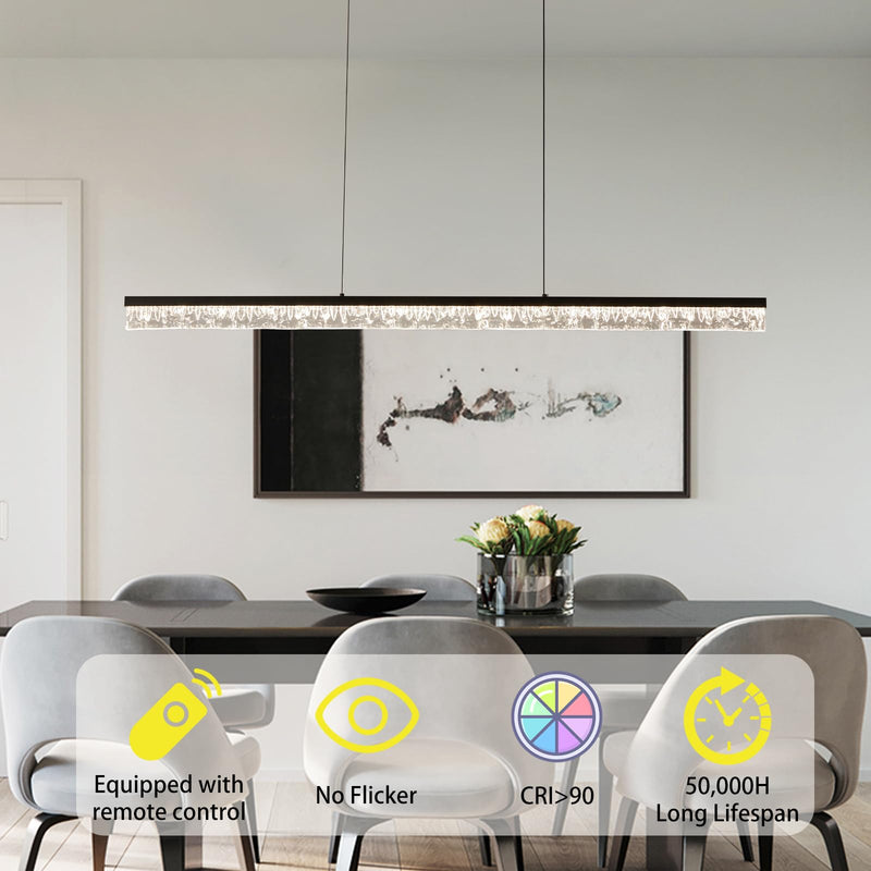 Modern Led Pendant Light, Dimmable Crystals Led Chandelier for Dining Room Light Fixture Over Table Creative Vertical Pendant Light for Kitchen Island, Dining Room, Bedroom(49.6IN) Black Water Ripples