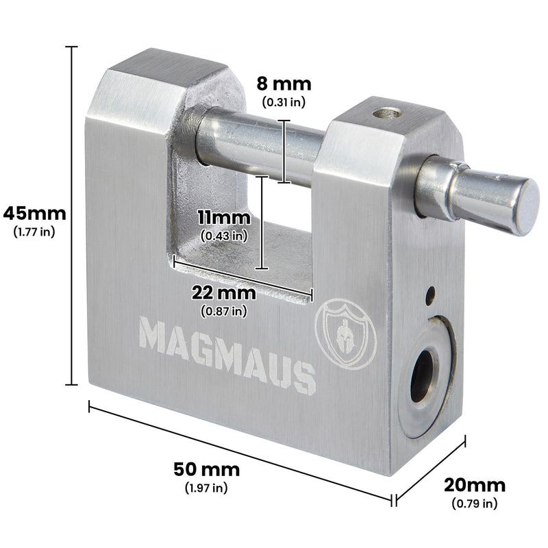 Magmaus® RTL50 [Armoured] High Security Padlock – Heavy Duty Gate Lock - 0.43” (11mm) Shackle Clearance & 0.31” Thick Bolt – Weatherproof Outdoor Lock for Storage Units, Sheds & Fences – 3 Keys 50mm 1 Pack - 3 Keys Silver