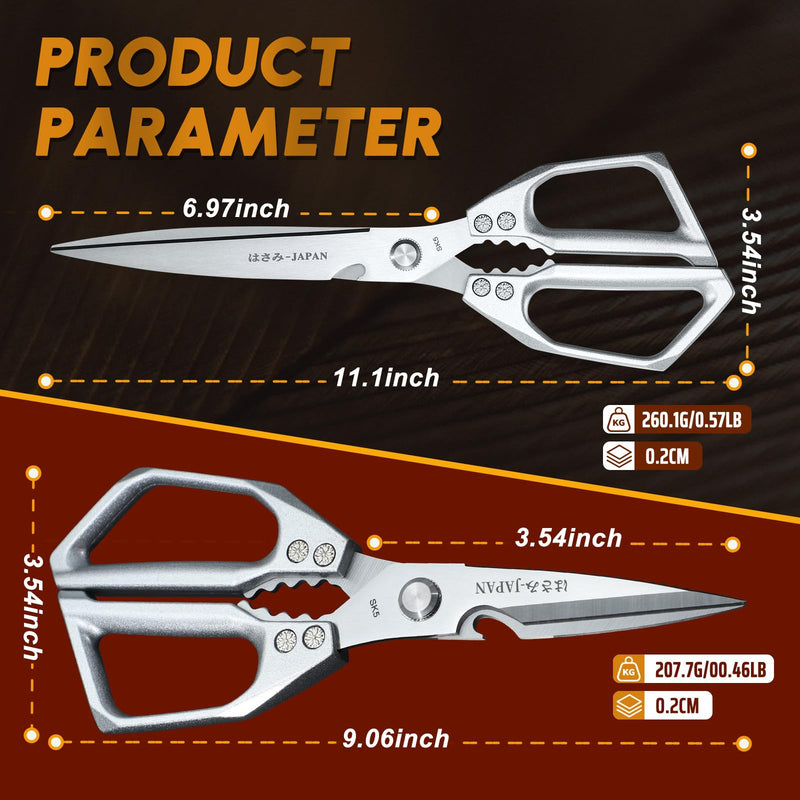 HUUSK Kitchen Scissors Set Silver - Upgraded Stainless Steel Kitchen Shear, Sharp Meat Scissors Dishwasher Safe, Heavy Duty Poultry Shears, Japanese Cooking Scissor for Food, Chicken Bones, and Turkey