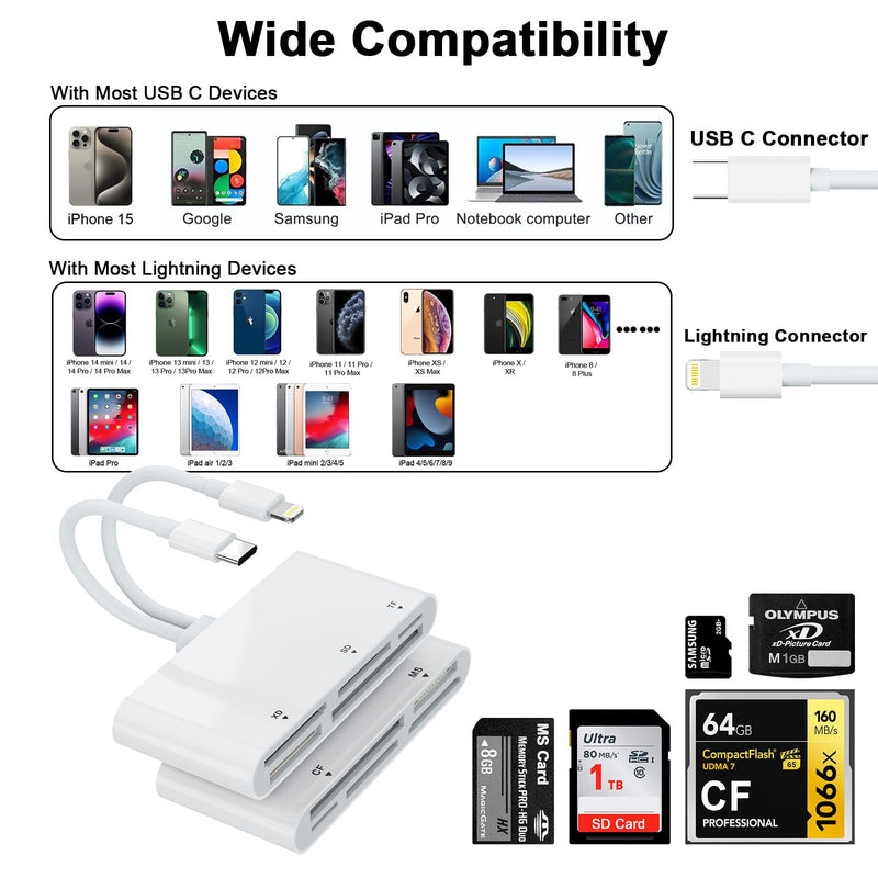 USB C Lightning Multi Card Reader for SD CF XD MS Micro SD TF, 5 in 1 Multi Memory Card Reader Adapter Hub for iPhone/iPad/MacBook/Samsung, for Windows, Mac OS, iOS, Linux, Android USB C+Lightning