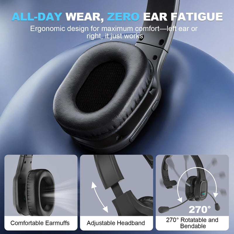 Bluetooth Headset for Truck Drivers, Single Ear Wireless Headset with Mic and USB Dongle, AI Noise Canceling Microphone, Mute Button, 45H Talk Time for Office Calls, Call Center, Phone and PC