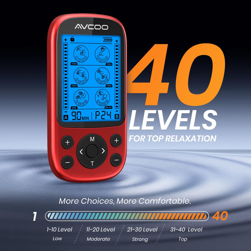 AVCOO 3-in-1 TENS Unit Muscle Stimulator, EMS Massager Machine with 24 Modes & 40 Levels for Shoulder, Back, Neck, Sciatica Pain Relief, Portable-Size Electronic Pulse Massager with 12 Pads, EVA Case A Red