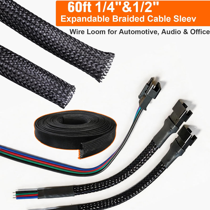 60ft – 1/4 inch & 1/2 inch PET Expandable Braided Cable Sleeve – Black – Wire Loom for Automotive, Audio, Video, Home Theater & Office Cable Management (Black, 1/4inch-30ft&1/2inch-30ft)