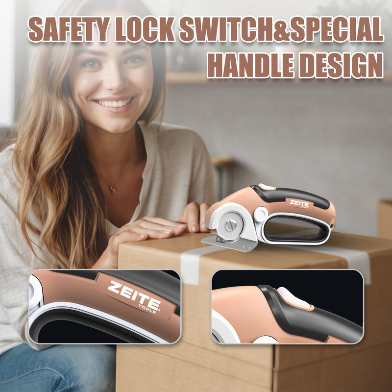 ZEITE 4V Cordless Electric Scissors Cardboard Cutter with 2 Blades,Storage Case,Rotary Cutter for Box Plastic Carpet Fabric, Easy to Hold and Safe,Mocha Mocha