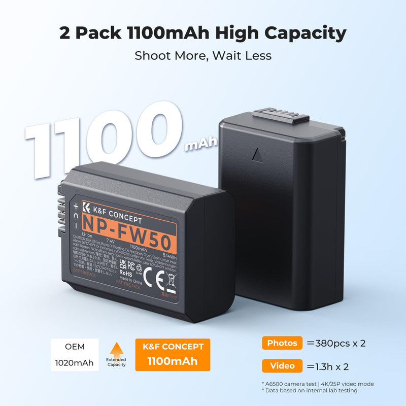 K&F Concept NP-FW50 Battery Charger Set, 2-Pack 1100mAh Replacement Battery | Compatible with Sony ZV-E10 A6000 A6500 A6400 A6300 A7 A7II A7RII A7SII A7S A7R RX10 Camera, Micro US B& USB-C 2-Slot Charger