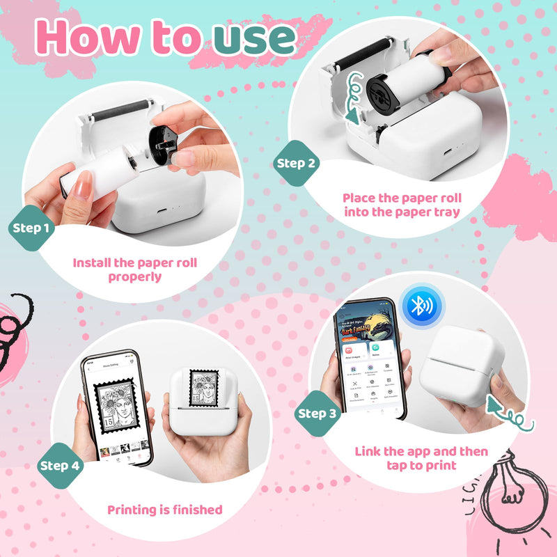 Ponek Print Pod Mini Sticker Printer, Mini Thermal Printer M02X | Stickers Maker Machine for Kids, Student, Family, Pocket Photo Printers, White 1 Printer & 1 Roll Paper
