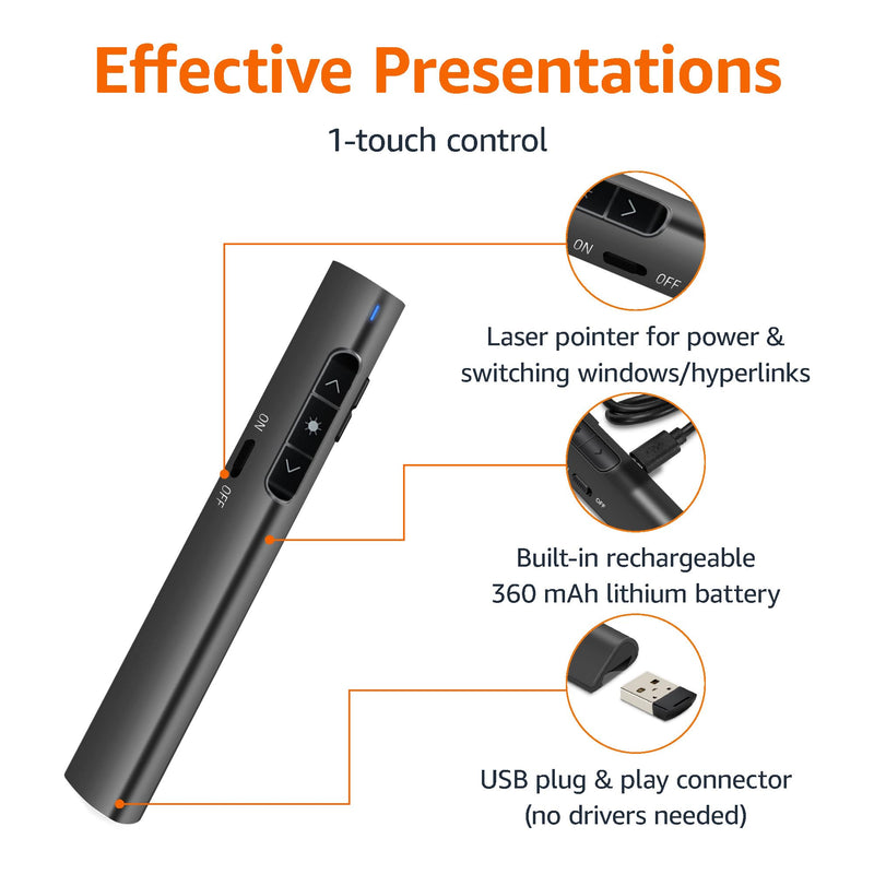Amazon Basics Wireless Presenter, Red Laser, 2.4GHz, Hyperlink, Lithium Battery Operated