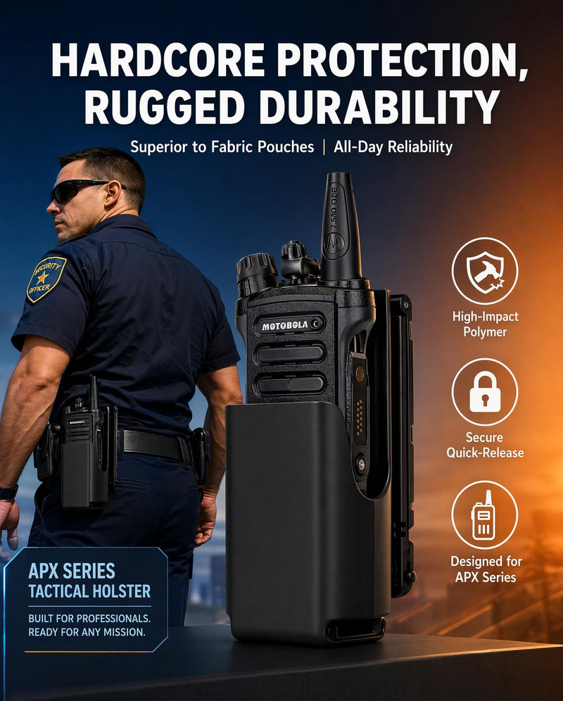 Hard-Shell Radio Holster Compatible with Motorola APX 6000/8000 | Extended Battery Holder for Duty Belts and MOLLE/PALS Vest, Elastic Retention Cord, PTT, Display and Mic Port Access, Black