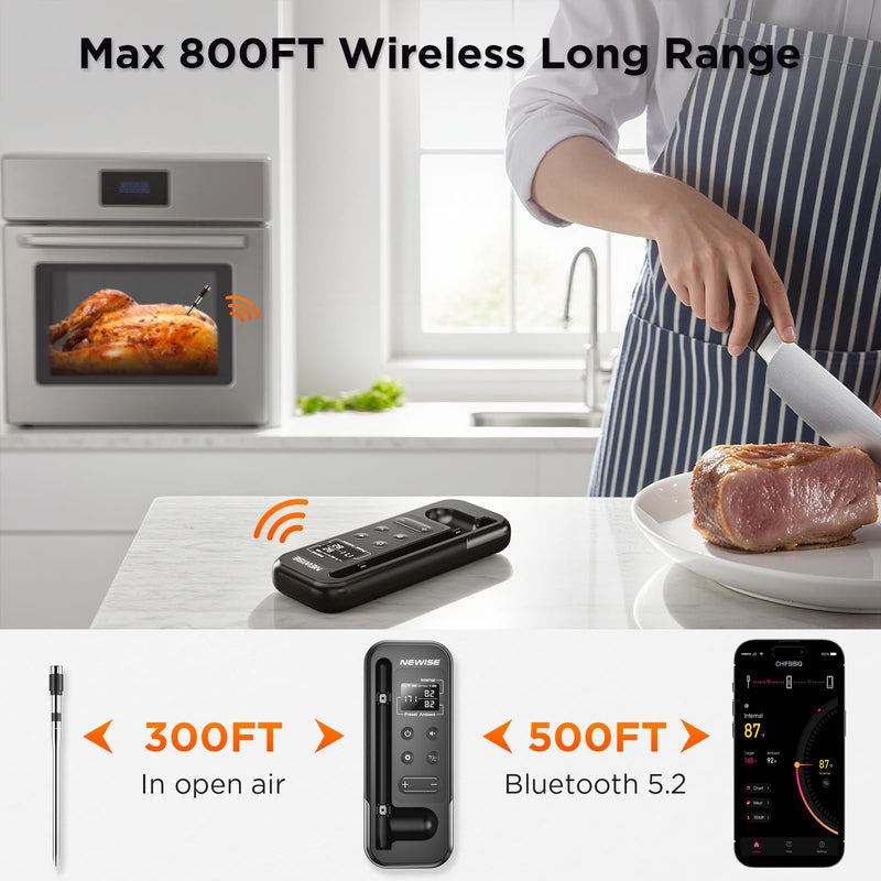 Bluetooth Meat Thermometer with Smart APP, 800FT Wireless Range & LCD Base, Rechargeable Probe, Digital Food Thermometer for BBQ, Grill, Chefs, Air Fryer, Gifts for Men Dad 1 Probe