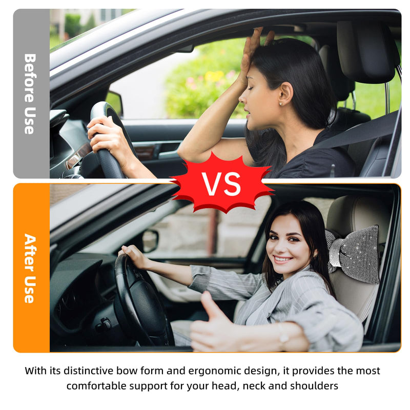 2 PCS Bling Car Pillows, Rhinestones Bowknot Bling Car Headrest Pillow, Car Neck Pillow for Driver Cool Relax Necksupport, White Crystal Diamond Car Accessories for Women 2pcs