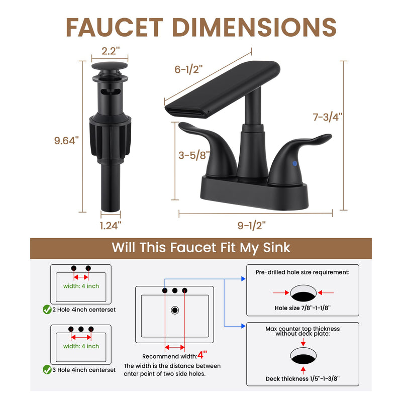 Matte Black Bathroom Faucet 4 Inch Centerset, Waterfall Plastic Bathroom Sink Faucet with Pop Up Drain, Dual Handle, 360° Swivel Spout, Fits 2 or 3 Hole Lavatory Sink, Modern Design, Non-Metallic 1 Pack Matte Black