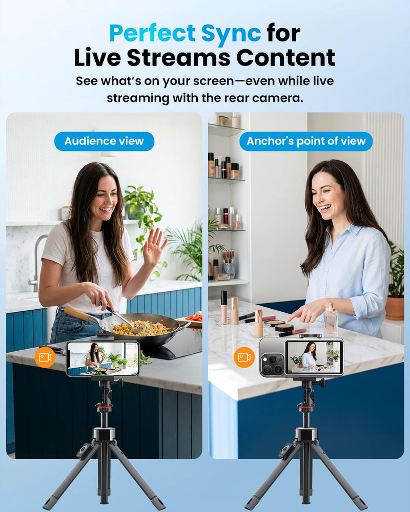 Magnetic Vlog Selfie Monitor Screen for iPhone & Android, 4-Inch IPS HD Wireless Back Camera Monitor with Bluetooth Remote, 1800mAh Battery, 3-Level Brightness, No Delay Live Stream for TikTok YouTube White