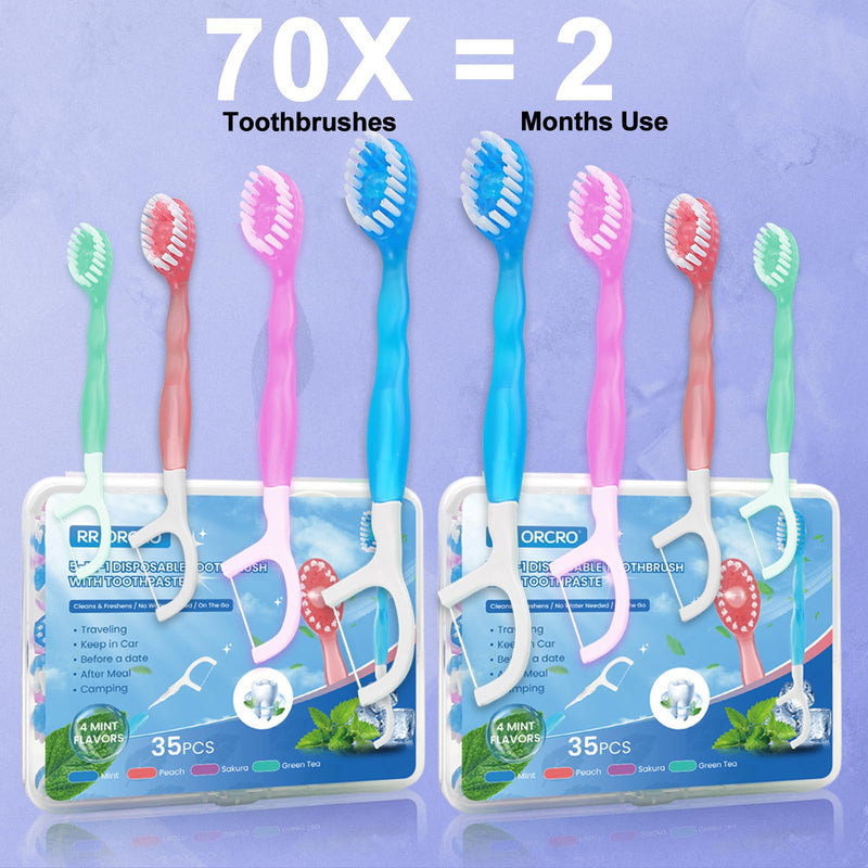 THE ORIGINAL 70Pack Mini Disposable Toothbrushes with Toothpaste Waterless | 5-in-1 Waterless Prepasted Toothbrush with Tongue Scraper+Floss+Pick, Individually Wrapped Box, 4 Flavors Travel/Camp/Hotel 70