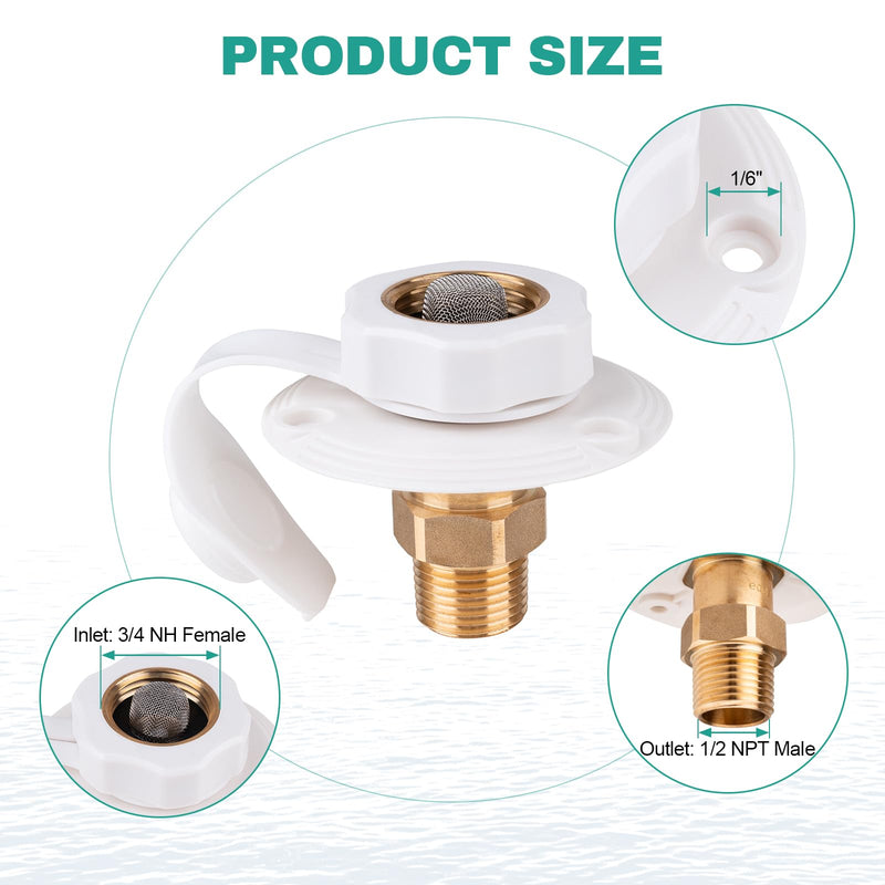 RV City Water Inlet with Check Valve, 3/4" NH Female to 1/2" NPT Male, RV Water Inlet Connection for Camper, Trailer, Marine, White