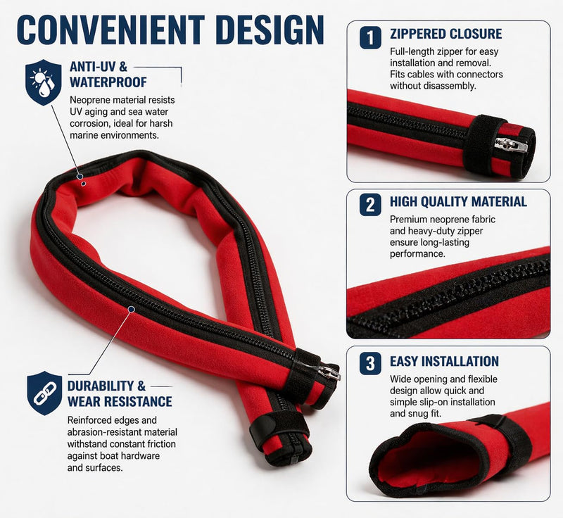 48" Zippered Trolling Motor Cable Sleeve, Trolling Motor Sleeve & Outboard Motor Sleeve Cover for Protection & Management (Red) Red