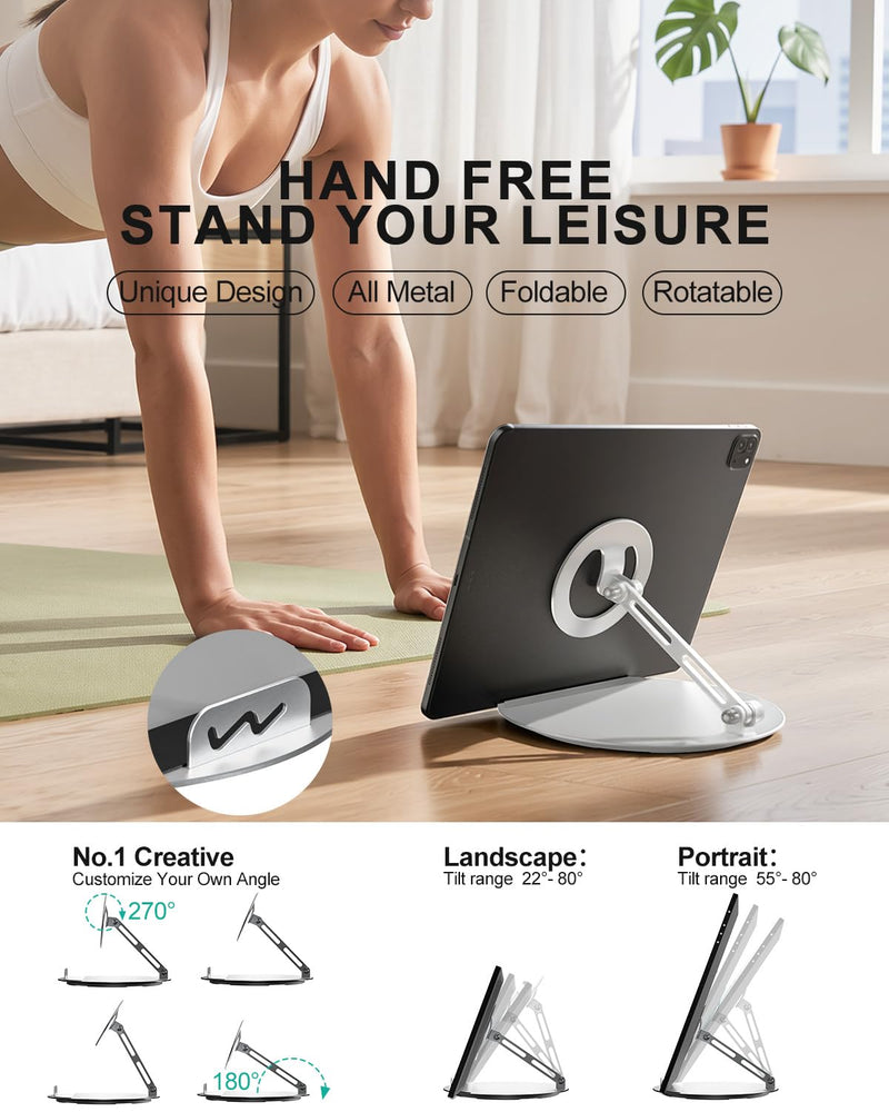 WALI Echo Show 15/21 Stand, Adjustable Stand for Echo Show 15/21 and Up to 18" Tablets/Portable Monitors, 360 Degrees Rotating Tilt Foldable Show 15, 21 Accessories for Kitchen Home Office, Silver