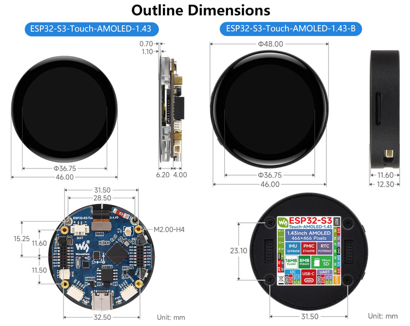ESP32-S3 1.43inch AMOLED Display Development Board, 466×466 Resolution 16.7M Color QSPI Interface, ESP32 with Capacitive Touch AMOLED Round LCD, Support 2.4 GHz Wi-Fi and Bluetooth 5