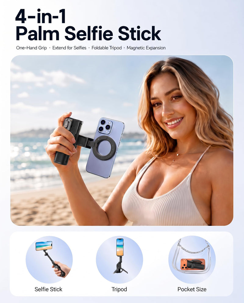 Magnetic Mini Selfie Stick Tripod for iPhone & Android, [MAX 19"] [Pocket 4.5"] 4-in-1 Phone Camera Grip with Rechargeable Shutter Remote for Creator Travel TikTok Vlogging (Up-Black) New Black