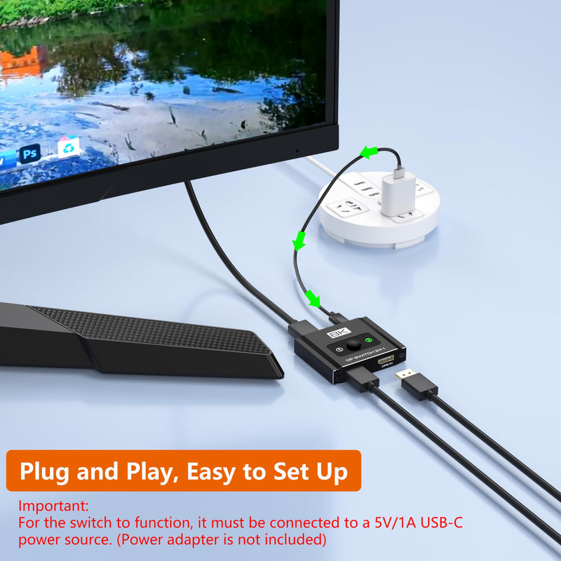 DisplayPort Switch 2 in 1 Out, 8K@60Hz DP 1.4 Switcher Selector Box, Unidirectional Display Port Switcher for Dual PCs & Gaming Consoles, 4K@144Hz DP Switch with DSC Support (DP Cables Not Included)