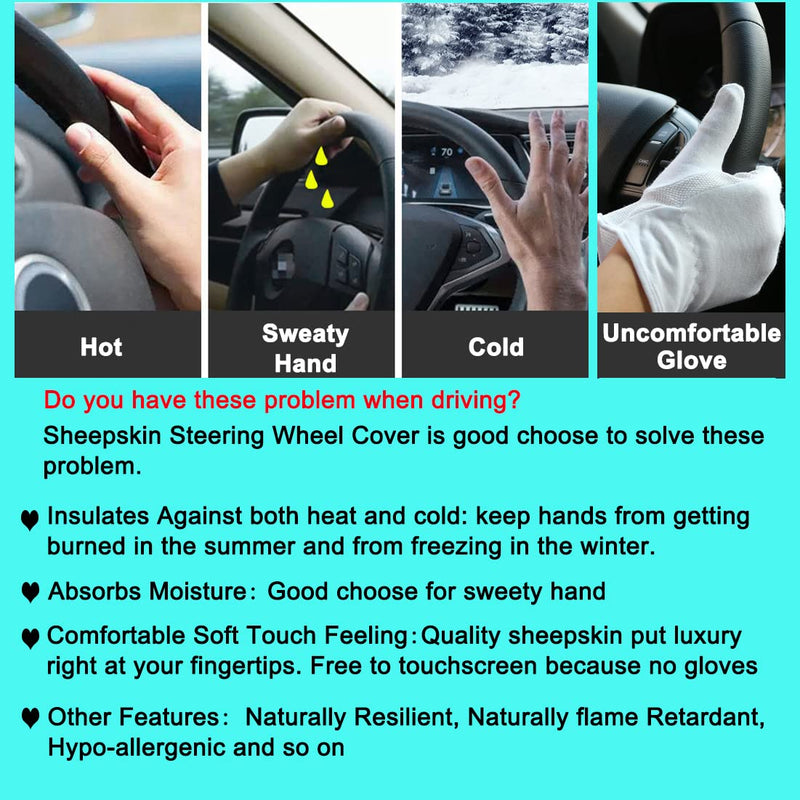 3Pcs Set Fashion Fluffy Fuzzy Wool Fur Soft Car Steering Wheel Cover with Handbrake Cover & Gear Shift Cover for Women/Girls/Ladies Auto Long Wool Accessories Black