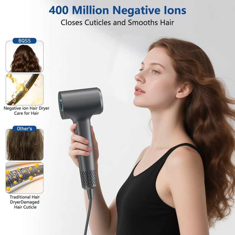 BQSS Hair Dryer 200M Negative Ions, 110,000 RPM Brushless Motor | High-Speed Brushless Motor Blow Dryer With 57db Low Noise, Fast Drying, Travel-Friendly, Suitable For Men And Women Dark Gray